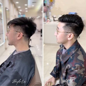 Before and after view of a men’s haircut showing a clean fade and styled finish in a professional salon setting